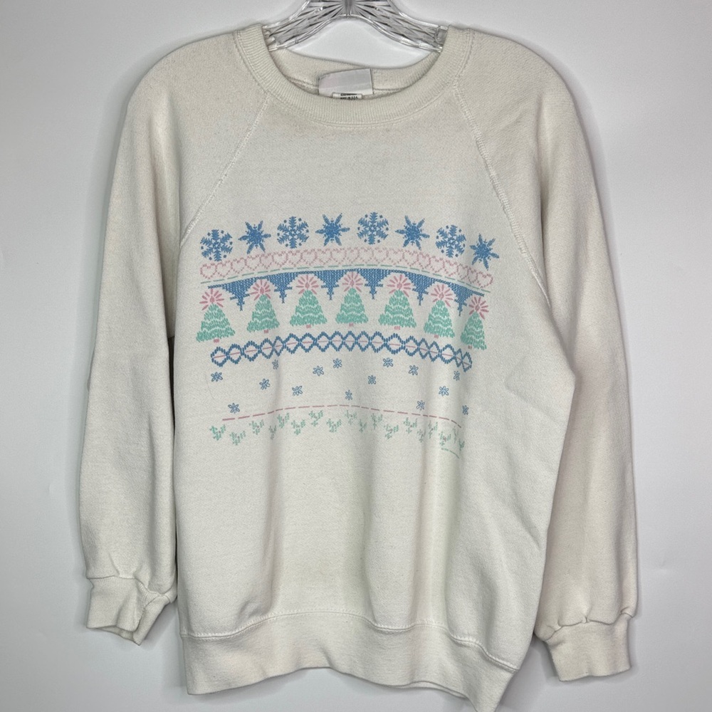 Vintage Bassett Walker Christmas White Raglan Sleeve Sweatshirt Size Large